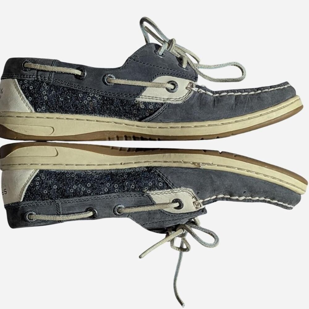 Sperry blue-gray top sider leather with sequins boat shoes, slip ons, size 8.5